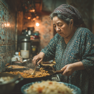 Katta yoshdagi oila a'zolari sog'lom ovqat bilan baxtli payt